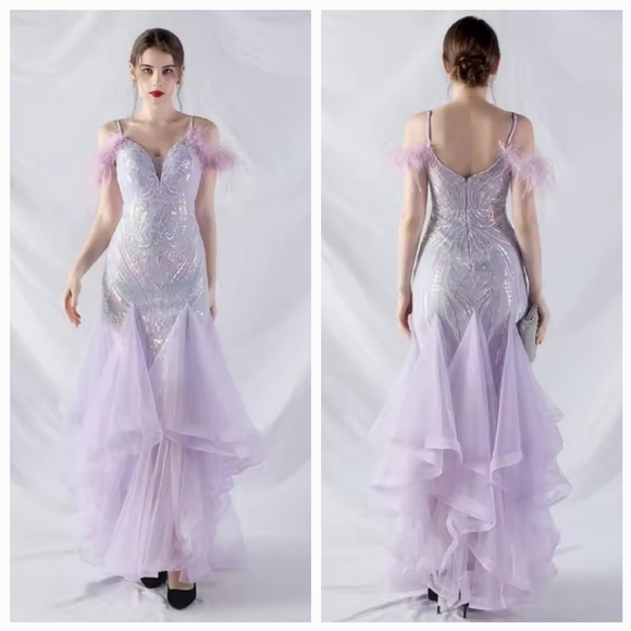 Purple, V Neck, Abstract Print, Ostrich Feathers, Tulle, Mermaid Gown - Picture 2 of 15